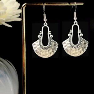 Boho Hammered 925 Silver Fan Shape Dangle Earrings